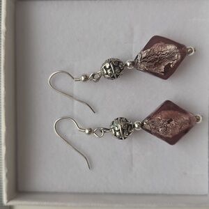 Elegant Silver & Amethyst Foil Venetian Glass Bead Dangle Earrings